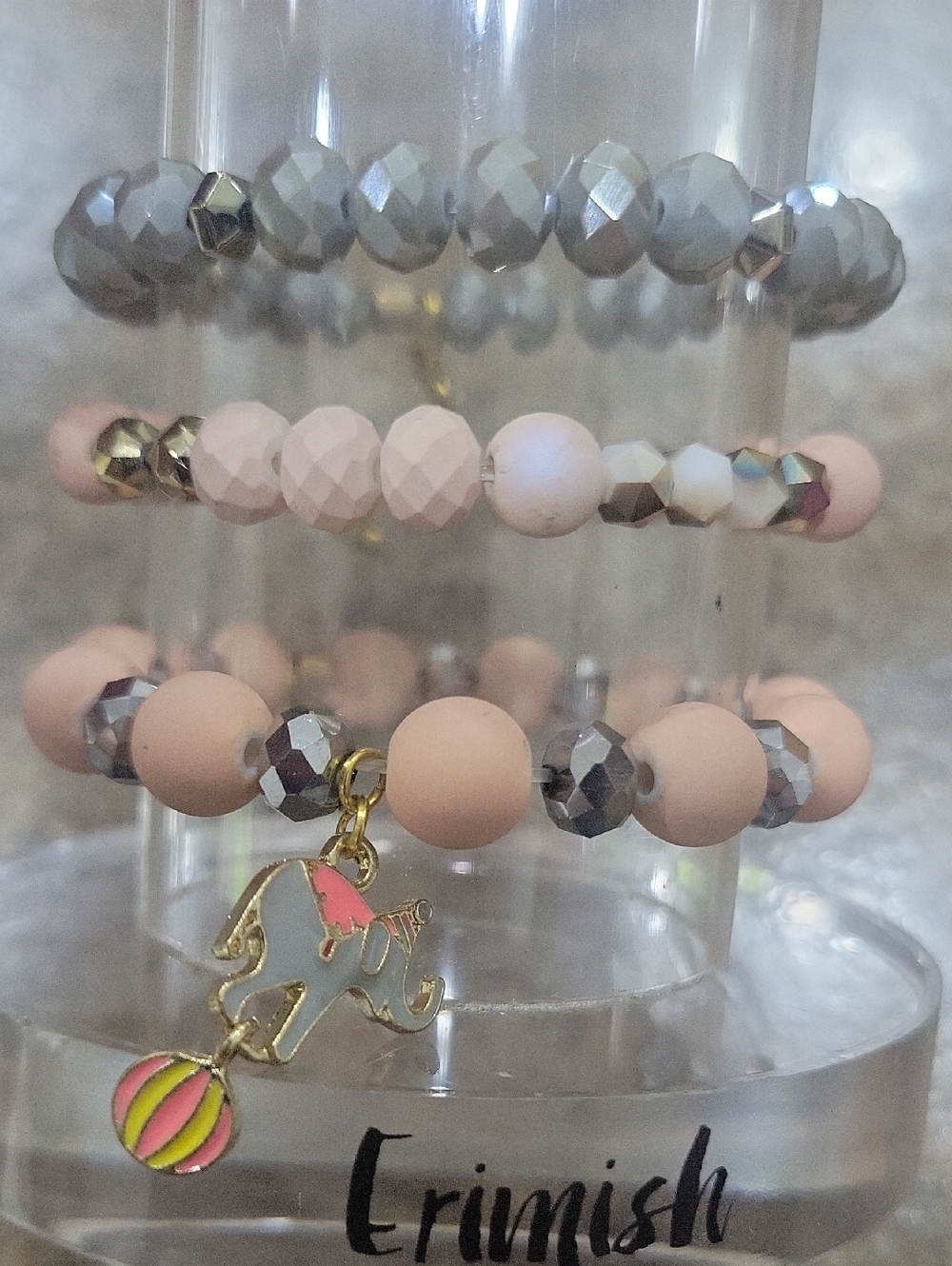 Gemjams By Erimish Blush Pink & Gunmetal Beaded Charm Bracelet Set